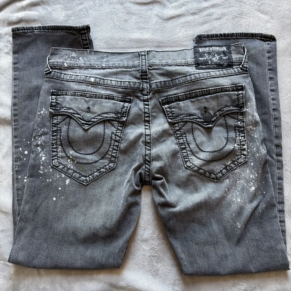 True Religion Jeans Mens 38x33 Black Flap Pocket Relaxed Straight Paint Splatter